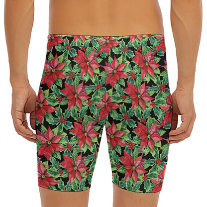 Watercolor Poinsettia Pattern Print Men's Long Boxer Briefs
