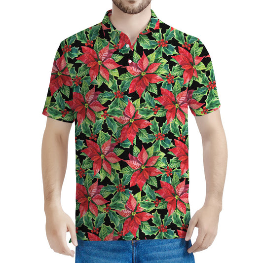 Watercolor Poinsettia Pattern Print Men's Polo Shirt
