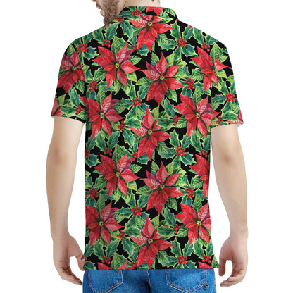 Watercolor Poinsettia Pattern Print Men's Polo Shirt
