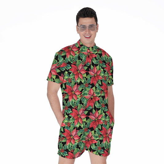 Watercolor Poinsettia Pattern Print Men's Rompers