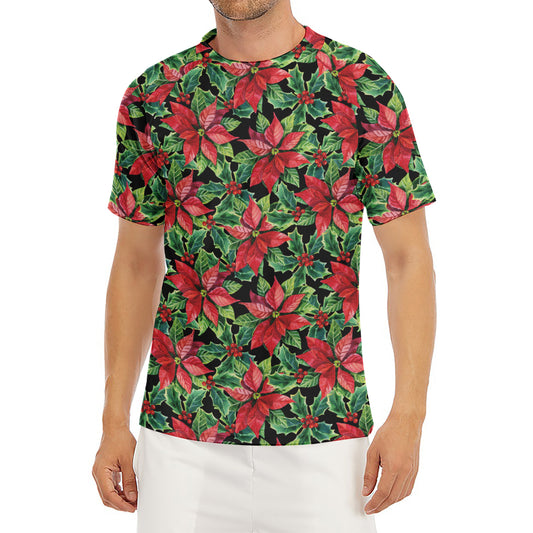 Watercolor Poinsettia Pattern Print Men's Short Sleeve Rash Guard