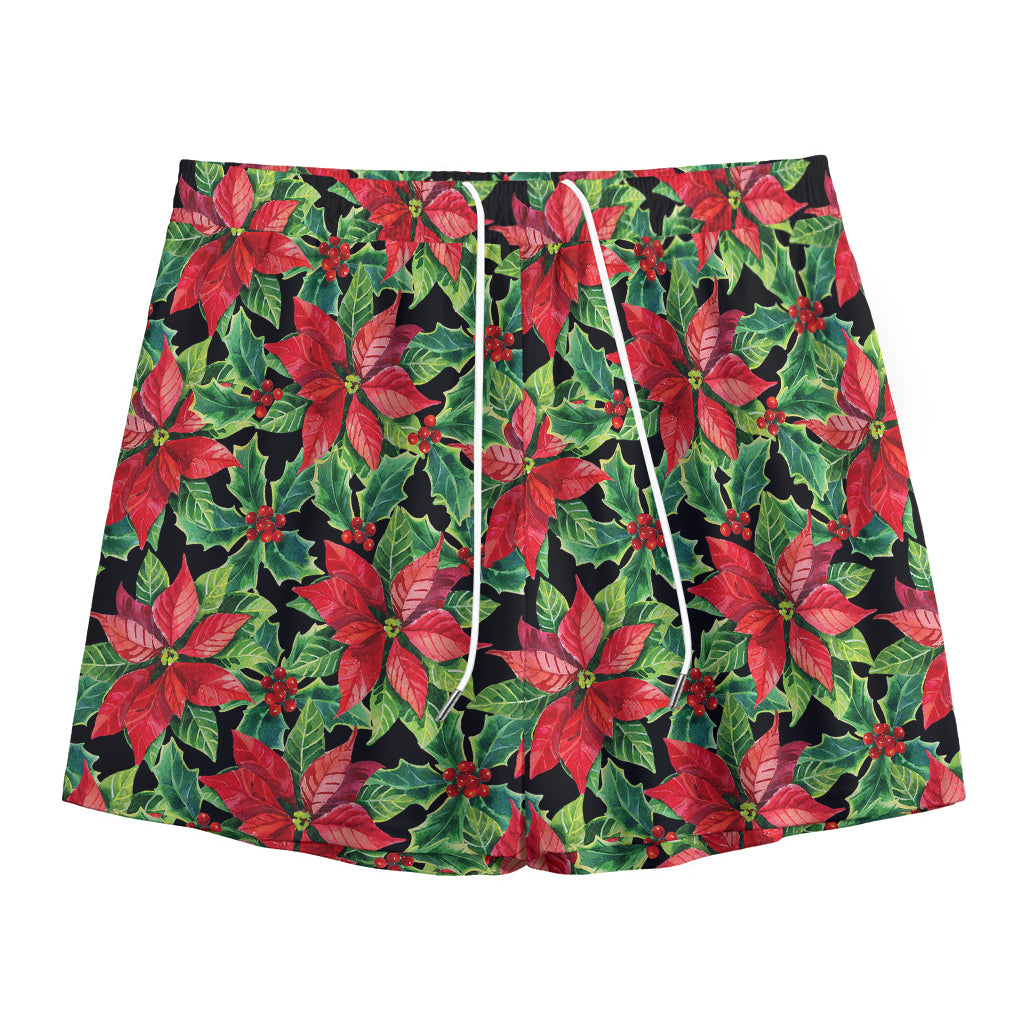 Watercolor Poinsettia Pattern Print Mesh Shorts