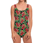 Watercolor Poinsettia Pattern Print One Piece Swimsuit