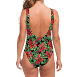 Watercolor Poinsettia Pattern Print One Piece Swimsuit