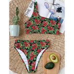 Watercolor Poinsettia Pattern Print One Shoulder Bikini Top