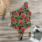Watercolor Poinsettia Pattern Print One Shoulder Bodysuit