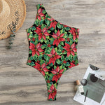 Watercolor Poinsettia Pattern Print One Shoulder Bodysuit