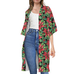 Watercolor Poinsettia Pattern Print Open Front Beach Cover Up