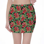 Watercolor Poinsettia Pattern Print Pencil Mini Skirt