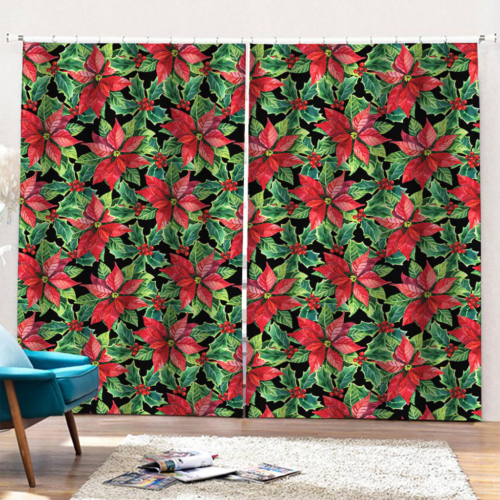 Watercolor Poinsettia Pattern Print Pencil Pleat Curtains