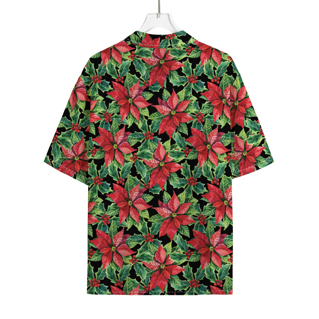 Watercolor Poinsettia Pattern Print Rayon Hawaiian Shirt