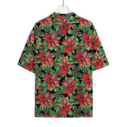 Watercolor Poinsettia Pattern Print Rayon Hawaiian Shirt