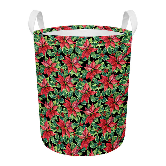 Watercolor Poinsettia Pattern Print Round Laundry Basket