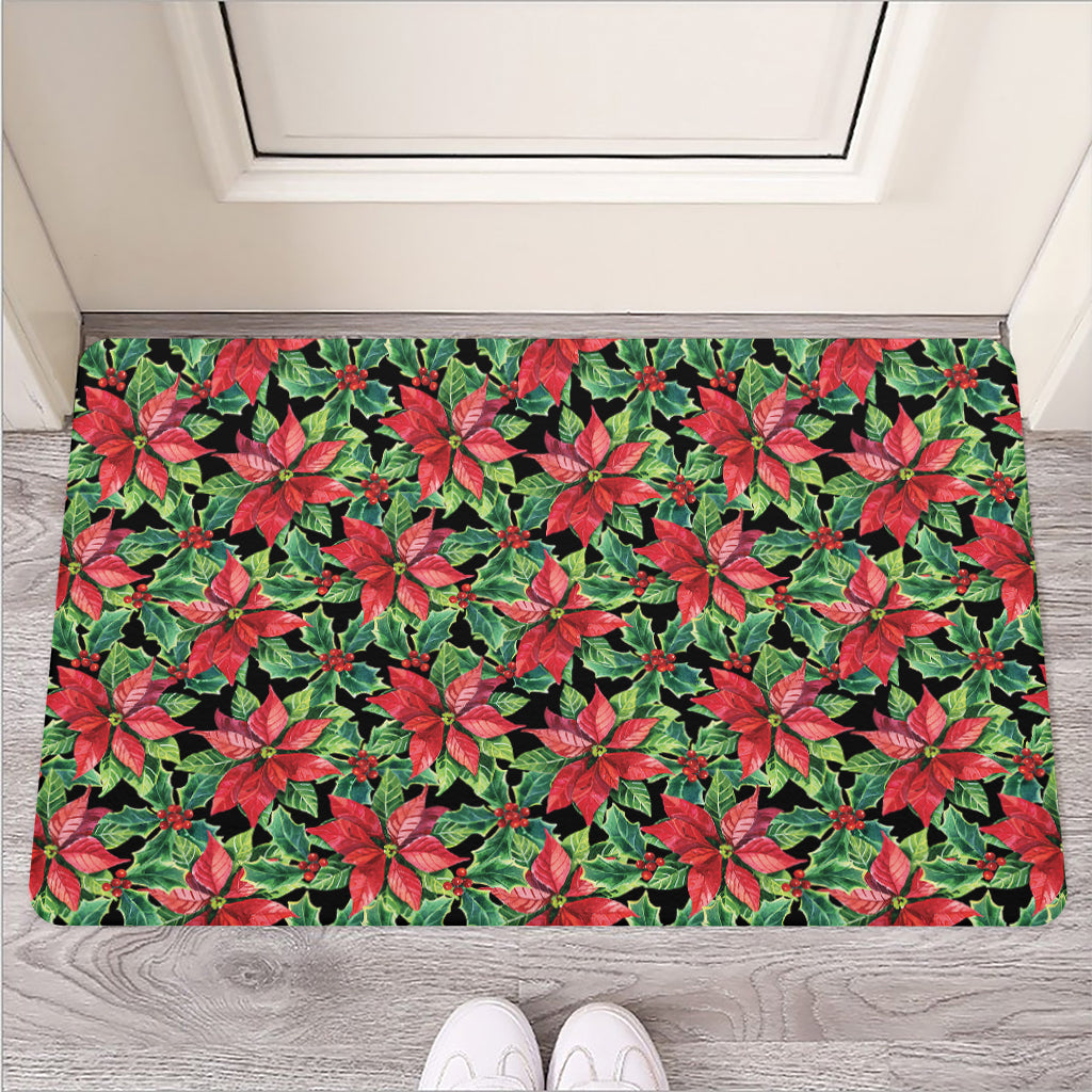 Watercolor Poinsettia Pattern Print Rubber Doormat