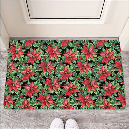 Watercolor Poinsettia Pattern Print Rubber Doormat