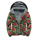 Watercolor Poinsettia Pattern Print Sherpa Lined Zip Up Hoodie