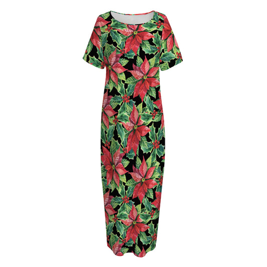 Watercolor Poinsettia Pattern Print Short Sleeve Long Nightdress