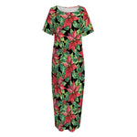 Watercolor Poinsettia Pattern Print Short Sleeve Long Nightdress