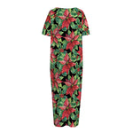 Watercolor Poinsettia Pattern Print Short Sleeve Long Nightdress