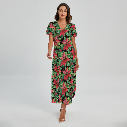 Watercolor Poinsettia Pattern Print Short Sleeve Maxi Dress