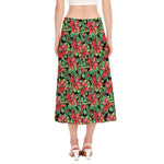 Watercolor Poinsettia Pattern Print Side Slit Midi Skirt