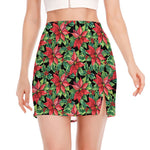 Watercolor Poinsettia Pattern Print Side Slit Mini Skirt