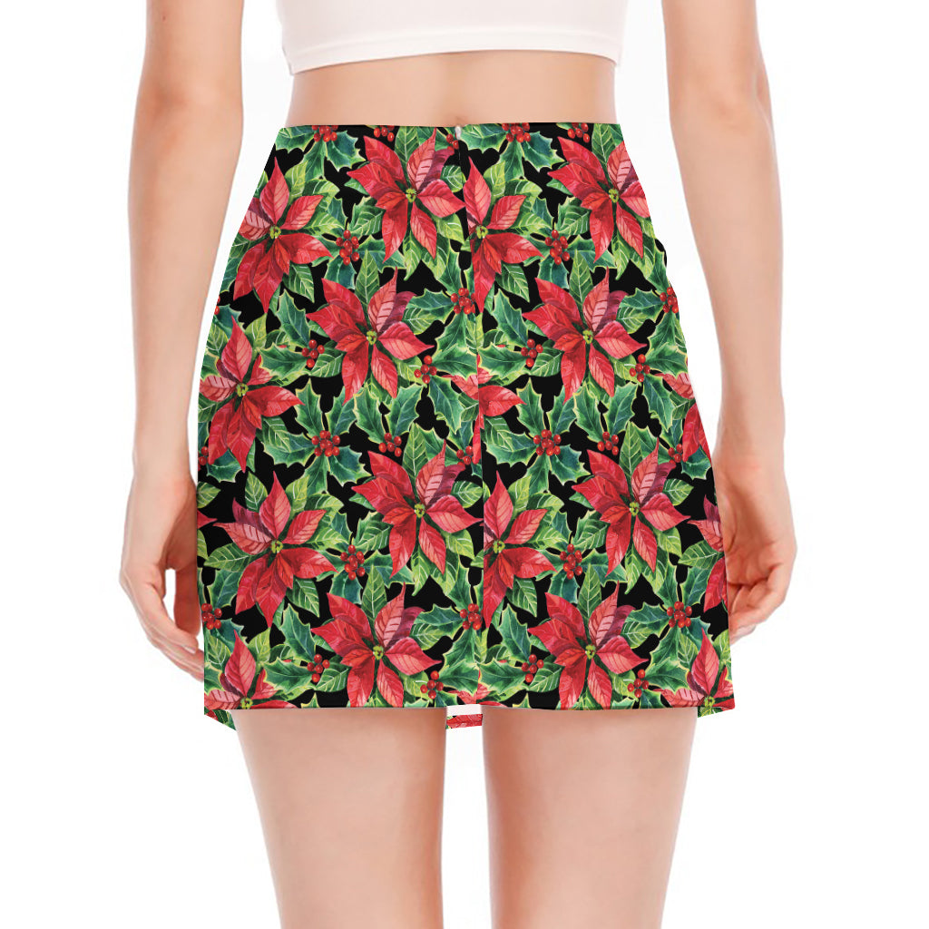 Watercolor Poinsettia Pattern Print Side Slit Mini Skirt