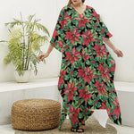 Watercolor Poinsettia Pattern Print Silk V-Neck Kaftan Dress