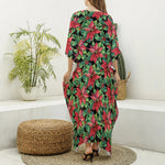 Watercolor Poinsettia Pattern Print Silk V-Neck Kaftan Dress