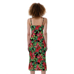 Watercolor Poinsettia Pattern Print Slim Fit Midi Cami Dress