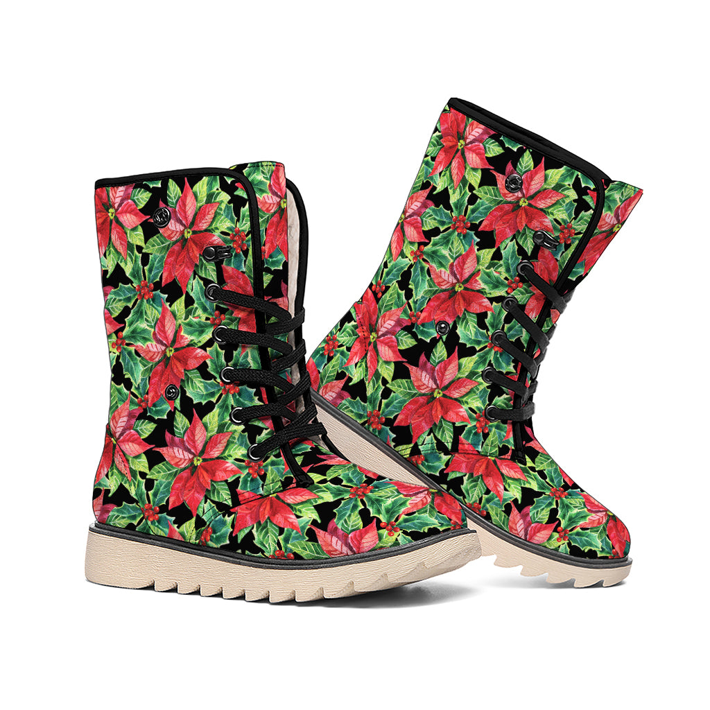 Watercolor Poinsettia Pattern Print Winter Boots