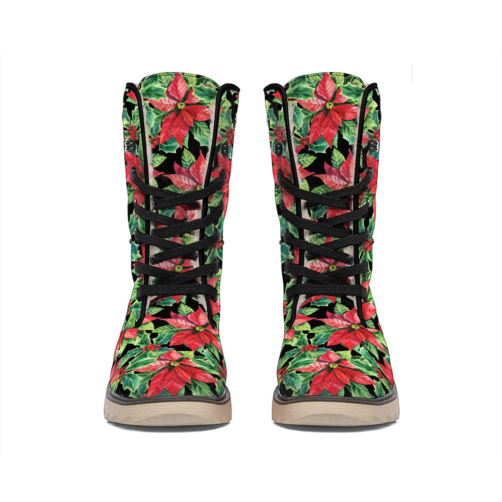 Watercolor Poinsettia Pattern Print Winter Boots