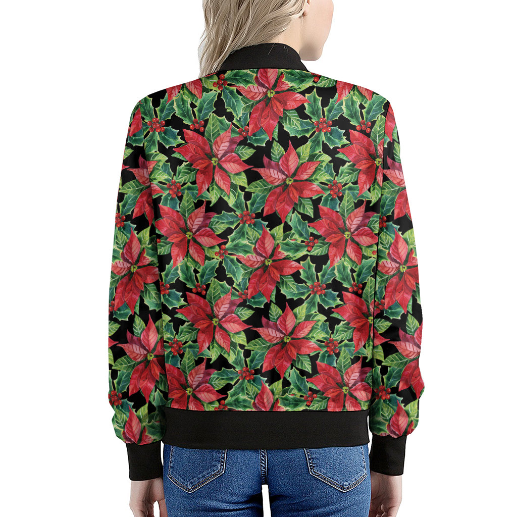 Watercolor Poinsettia Pattern Print Women's Bomber Jacket