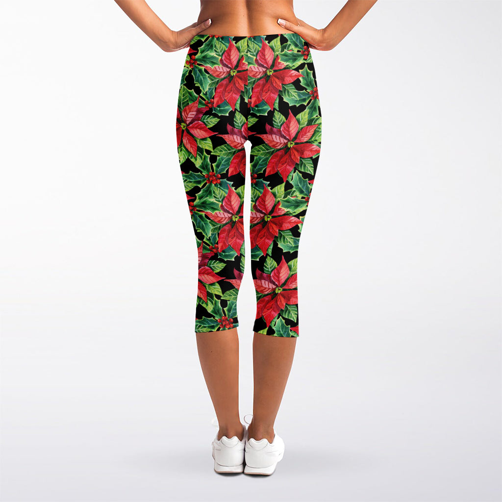 Watercolor Poinsettia Pattern Print Women's Capri Leggings