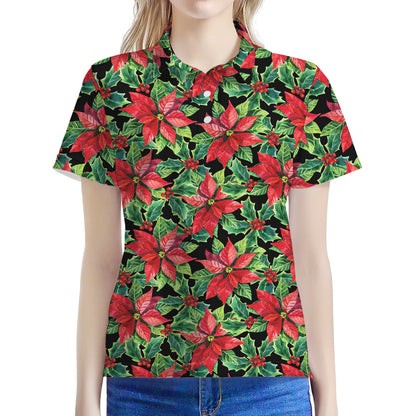 Watercolor Poinsettia Pattern Print Women's Polo Shirt