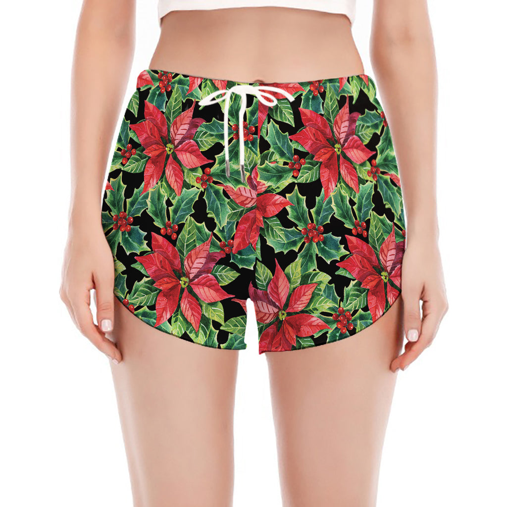 Watercolor Poinsettia Pattern Print Women's Split Running Shorts