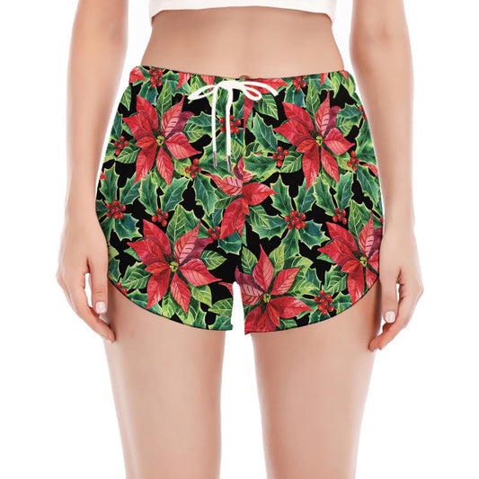 Watercolor Poinsettia Pattern Print Women's Split Running Shorts
