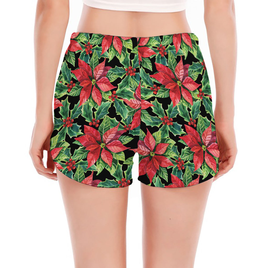 Watercolor Poinsettia Pattern Print Women's Split Running Shorts