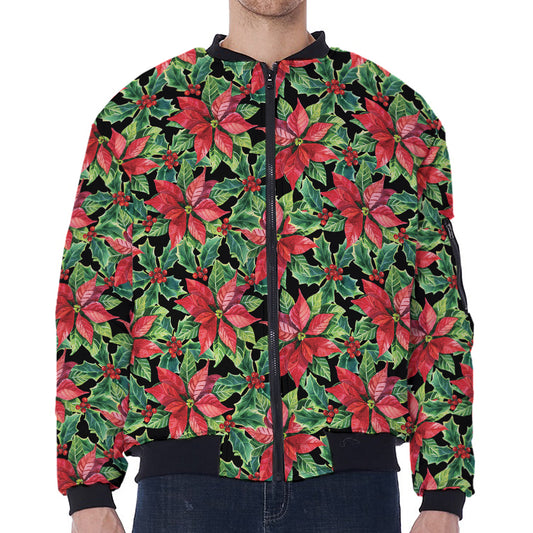 Watercolor Poinsettia Pattern Print Zip Sleeve Bomber Jacket