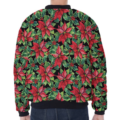 Watercolor Poinsettia Pattern Print Zip Sleeve Bomber Jacket