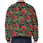 Watercolor Poinsettia Pattern Print Zip Sleeve Bomber Jacket
