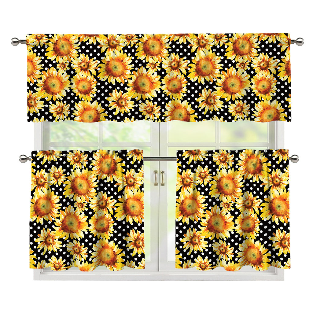 Watercolor Polka Dot Sunflower Print 3 Piece Kitchen Curtains