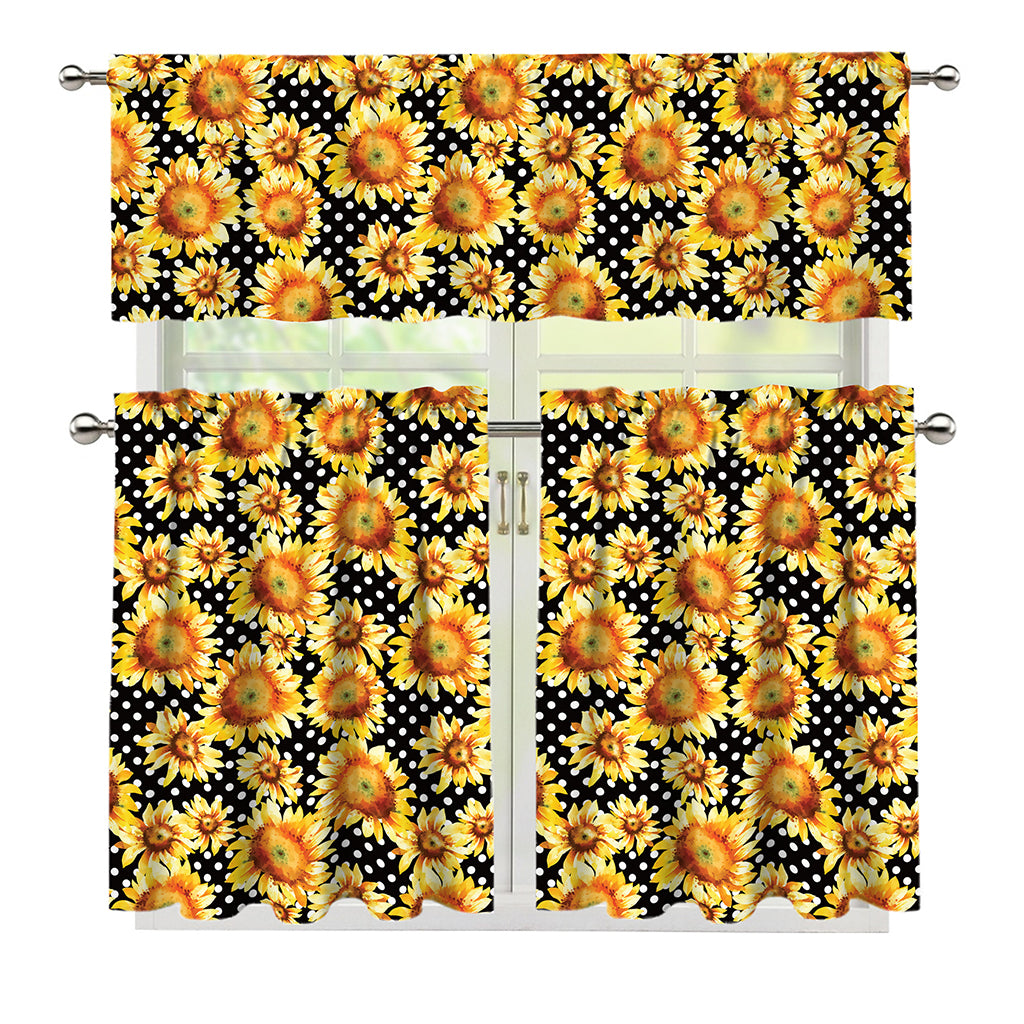 Watercolor Polka Dot Sunflower Print 3 Piece Kitchen Curtains