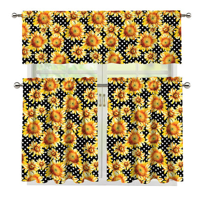 Watercolor Polka Dot Sunflower Print 3 Piece Kitchen Curtains