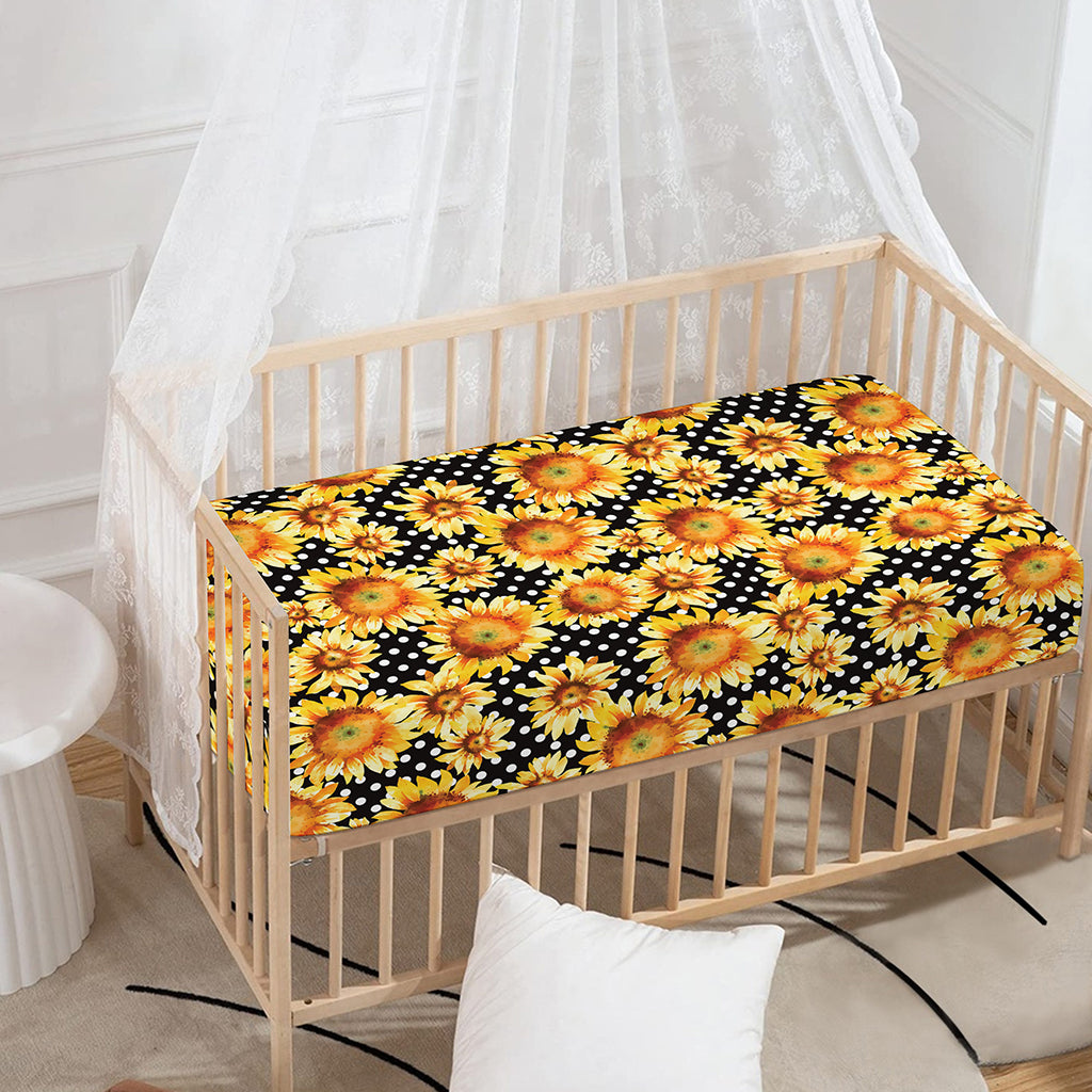 Watercolor Polka Dot Sunflower Print Baby Crib Sheet