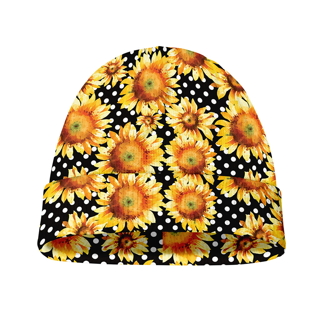 Watercolor Polka Dot Sunflower Print Beanie