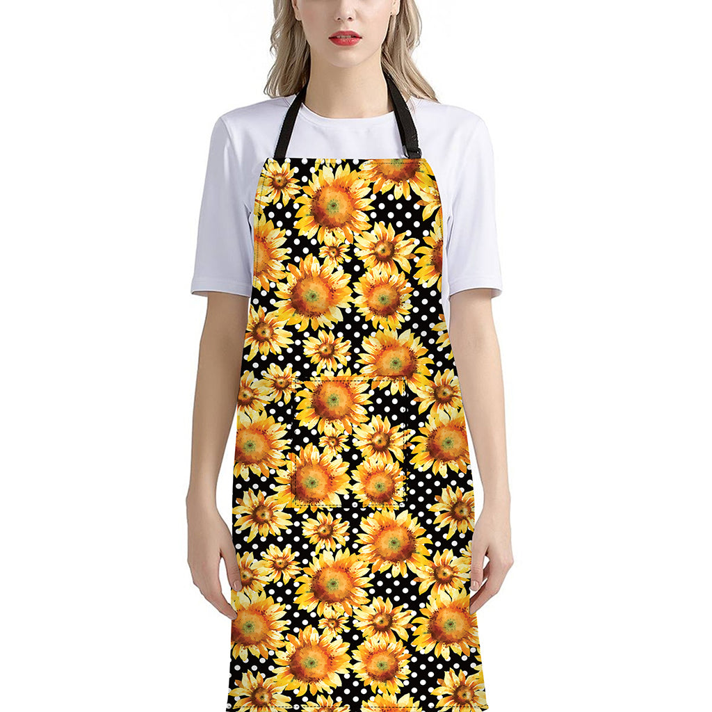 Watercolor Polka Dot Sunflower Print Bib Apron With Pocket