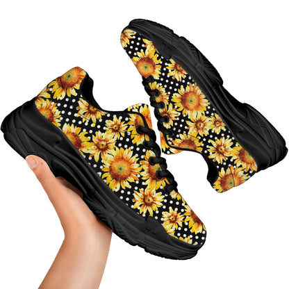 Watercolor Polka Dot Sunflower Print Black Chunky Shoes