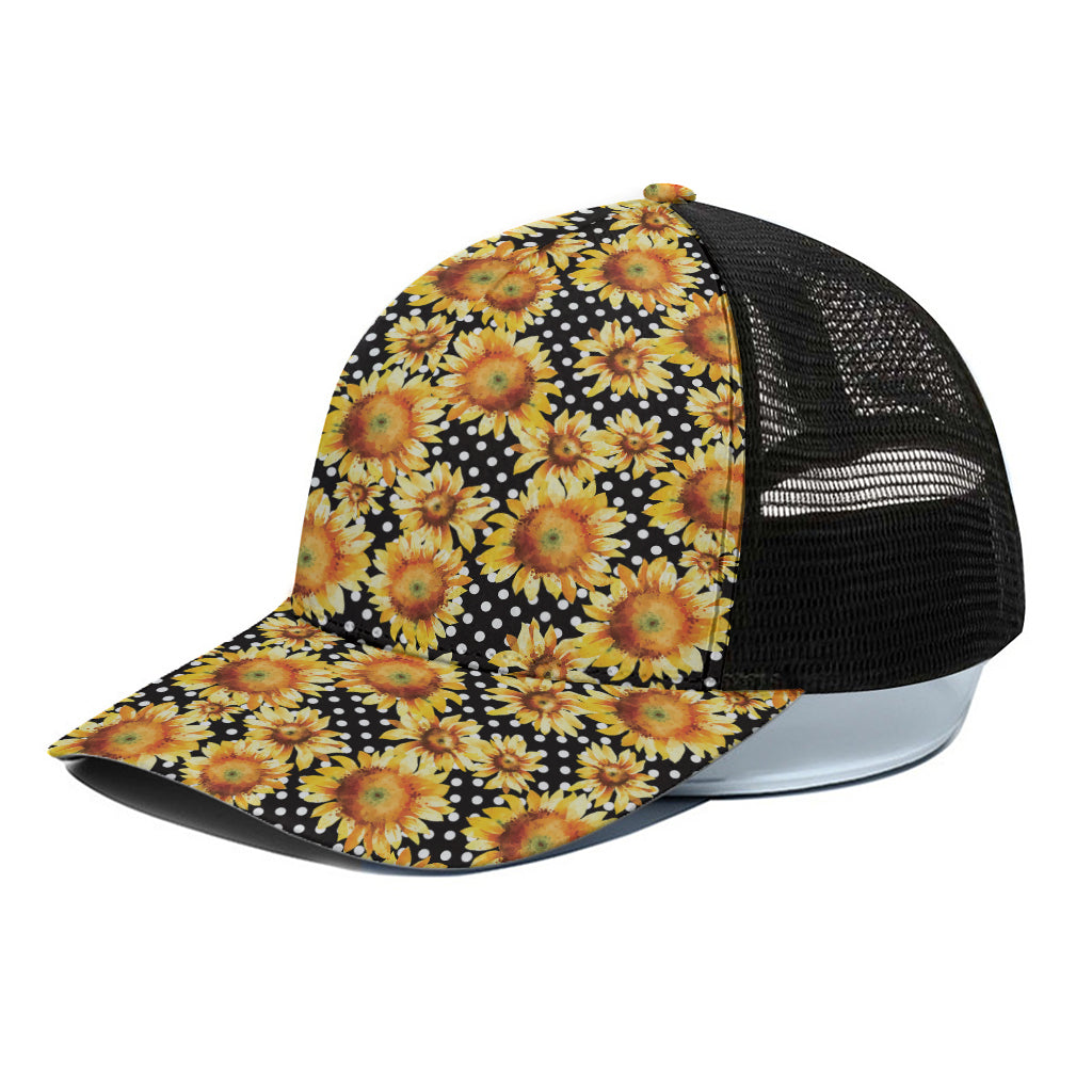 Watercolor Polka Dot Sunflower Print Black Mesh Trucker Cap