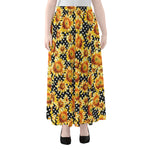 Watercolor Polka Dot Sunflower Print Chiffon Maxi Skirt